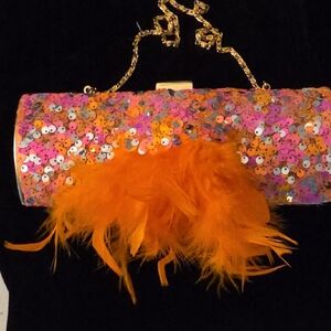 Colorful Sequin Clutch with Feather Detail